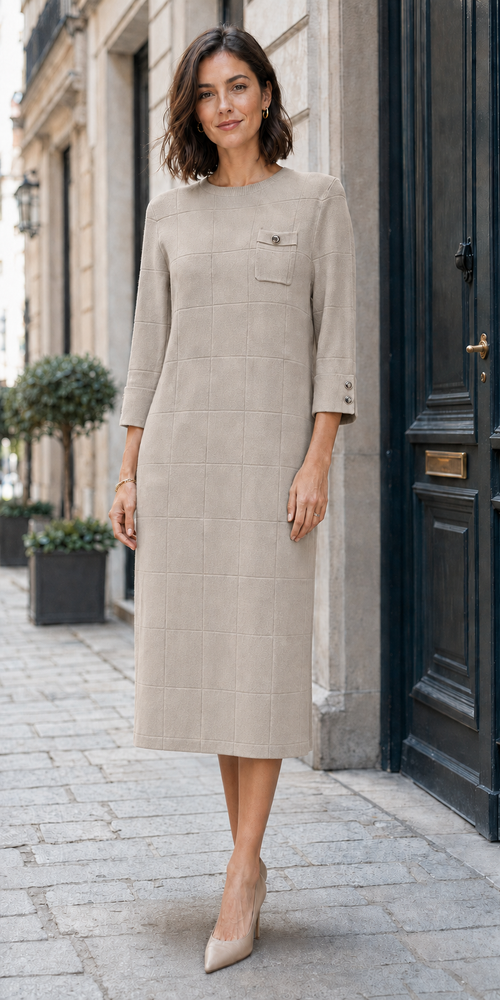 Metal Button Textured Knit Dress