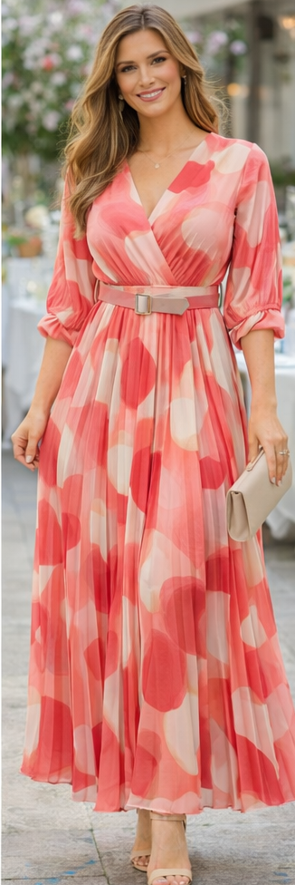 Lola V Neck Belted Pleated Maxi Dress