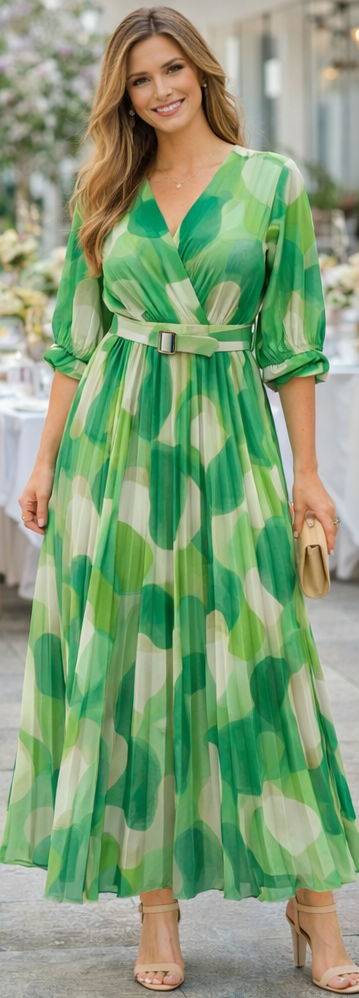 Lola V Neck Belted Pleated Maxi Dress