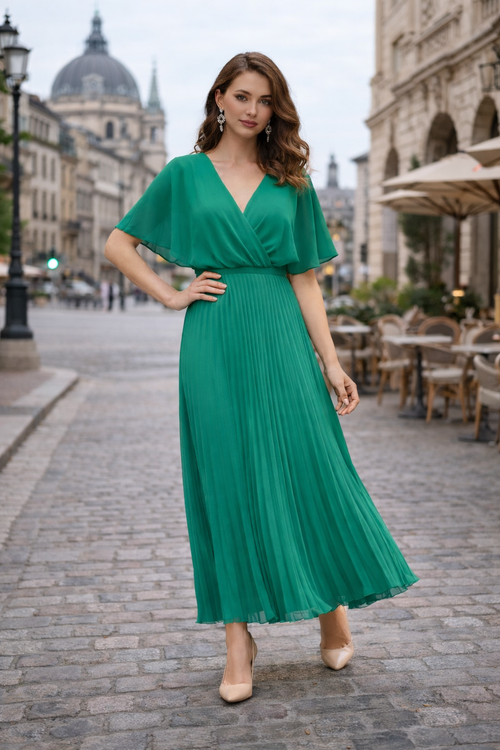 Cape V Neck Pleated Maxi Dress
