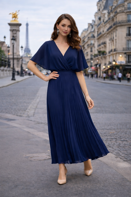 Cape V Neck Pleated Maxi Dress