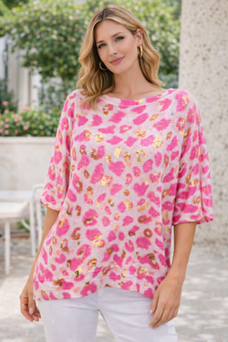 Leopard Gold Foil Print Mesh Fine Crew Knit