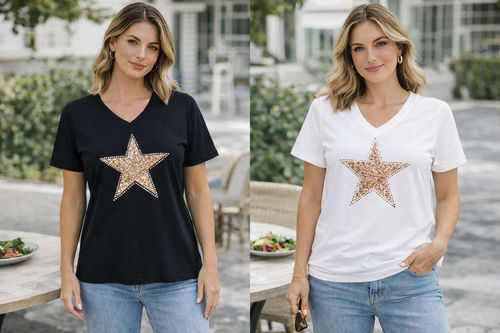 V Sequin Star Cotton Top Tshirt