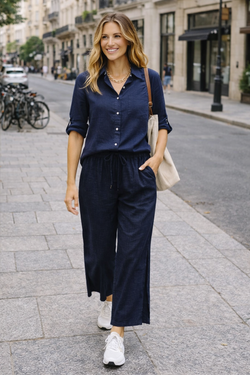 Side Split Wide Leg Linen Cotton Trousers