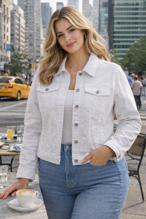 PLUS SIZE White Denim Cotton Stretch Jacket