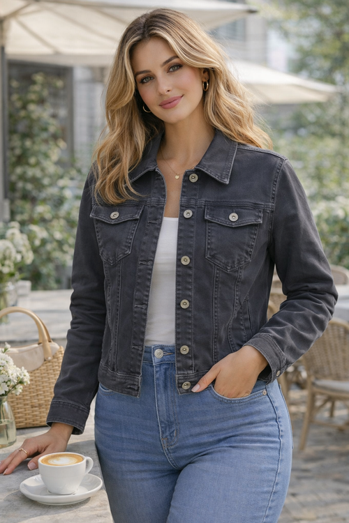 Charcoal Grey Voggo Washed Denim Cotton Stretch Jacket