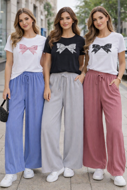 Textured Plain Plisse Wide Leg Elasticated Trousers