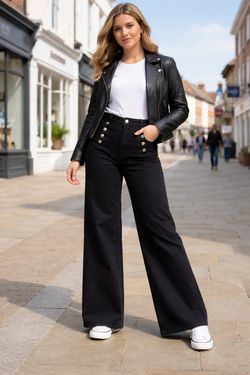Voggo Black Wide Leg Jeans with Silver Buttons