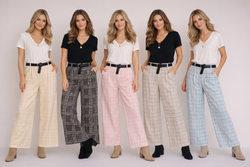 Wide Leg Check Print Scuba Trousers with Black Belt
