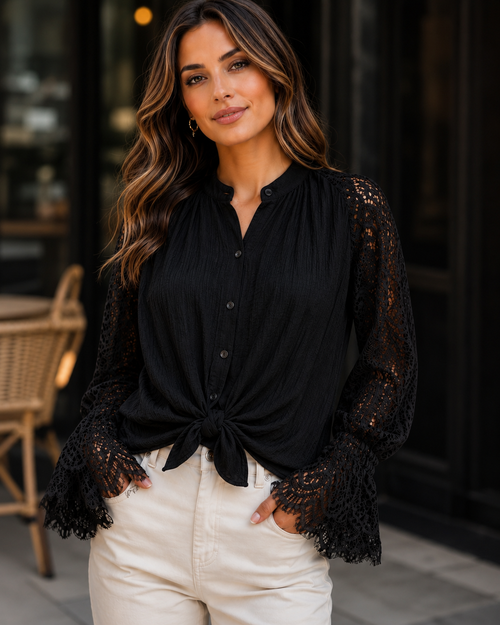 Luxury Eyelash Lace Cotton Crinkle Tie Blouse