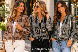Retro Geometric Zip Tencel Bomber Jacket