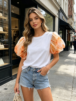 Puff Sleeve Cotton Crew Neck T-shirt