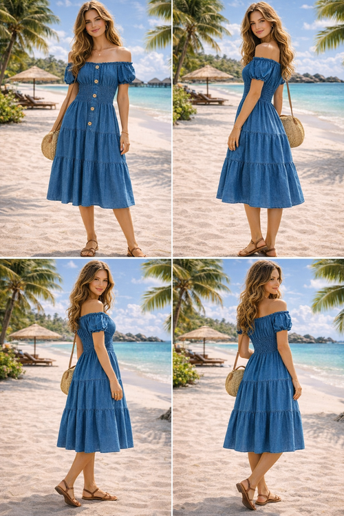 Cotton Denim Bardot MIDI Dress