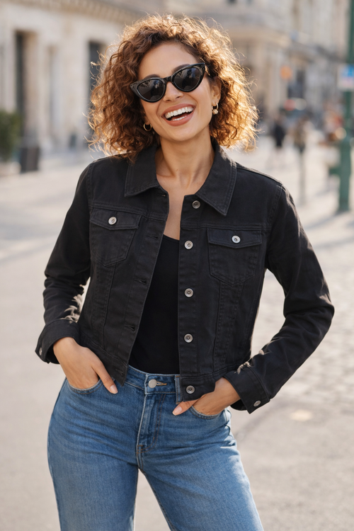 Black Voggo Cotton Bi-stretch Denim Jacket