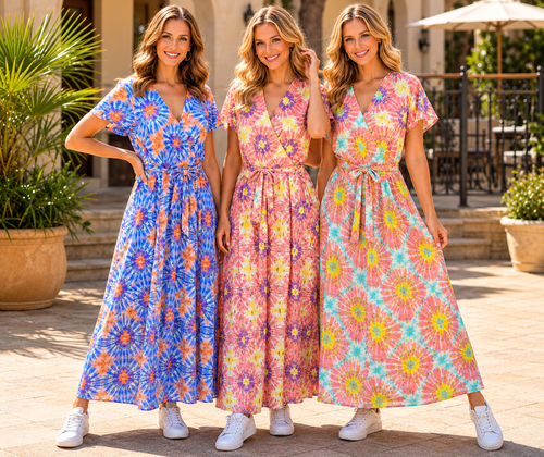 Starburst Gold Foil Crossover Belted Maxi Dress