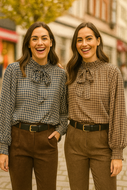 Oversized Drop sleeve BB Check Bow Tencel blouse