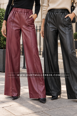Vegan PU leather Look Wide Leg seam trousers