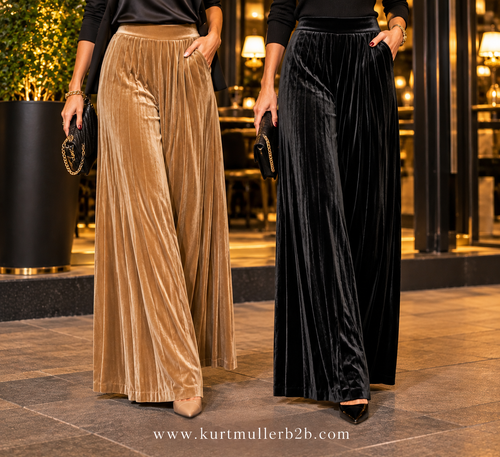 Plain Velvet Velour Wide Leg Plisse Trousers