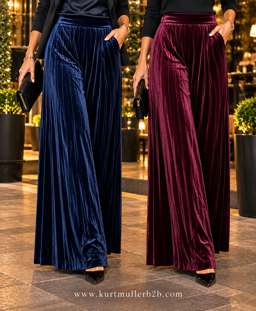 Plain Velvet Velour Wide Leg Plisse Trousers