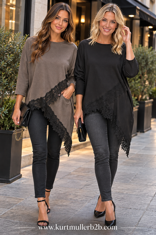 Asymmetric Lace Hem Cotton Tunic