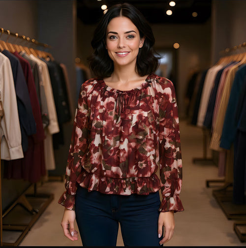 Contrast Leaf Ruffle Frill Bardot blouse