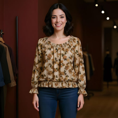 Contrast Leaf Ruffle Frill Bardot blouse