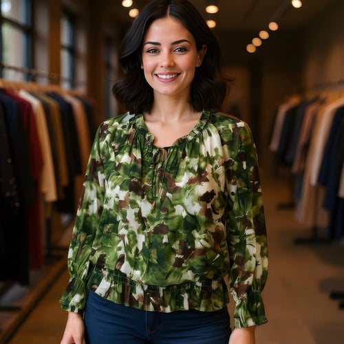 Abstract Floral Ruffle Bardot Blouse