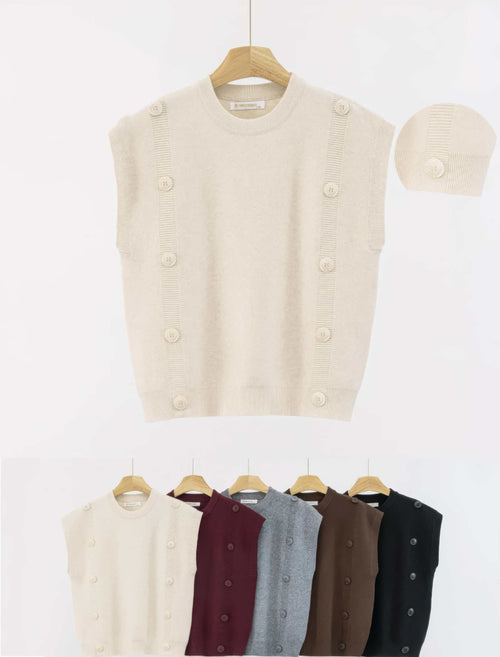Crew Neck Buttoned Slipover Knit Vest