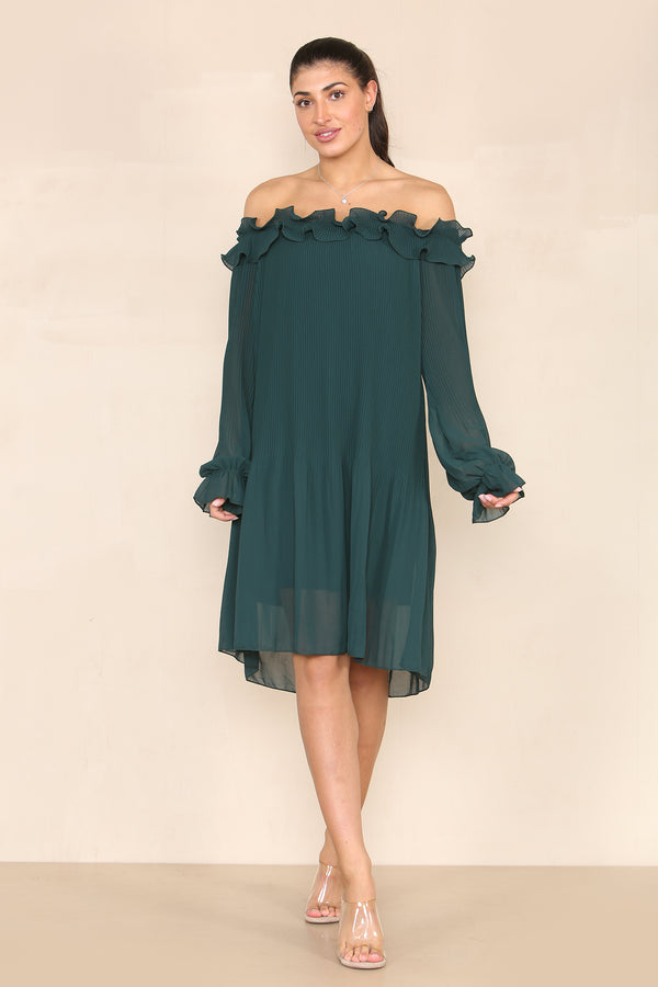 Forrest Green Long Sleeve Pleated Bardot Dress