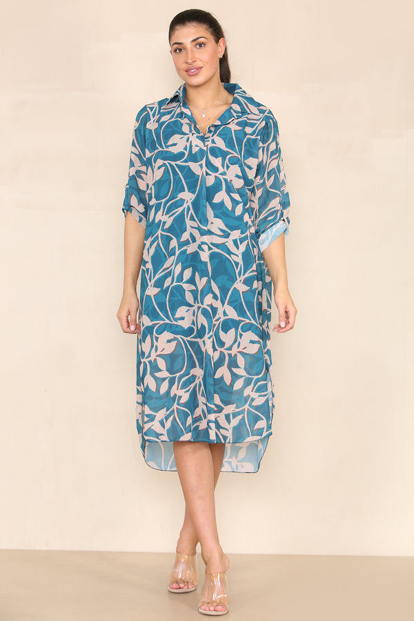 Teal Blue Leaf Print Chiffon Tunic Dress