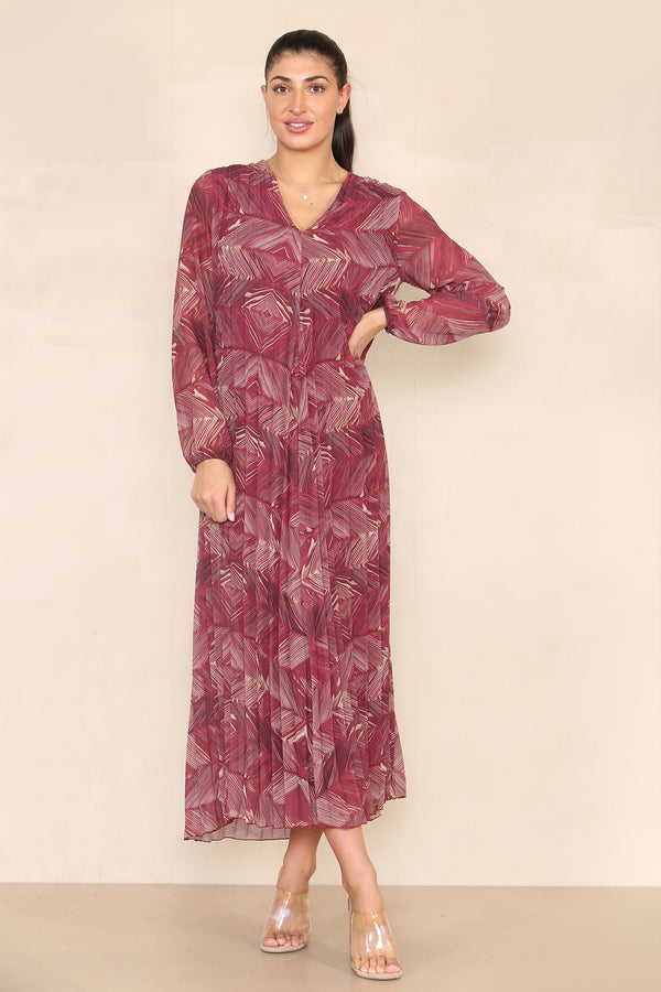 Wine Red V Neck Abstract Pleated Maxi Dress