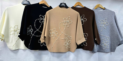 Floral Pearl Embellished Turtle Knit