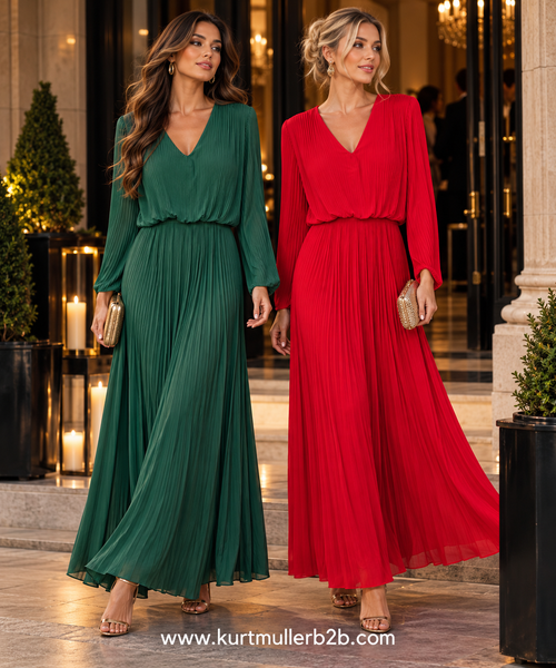 Long Sleeve V Neck Plisse Maxi Dress