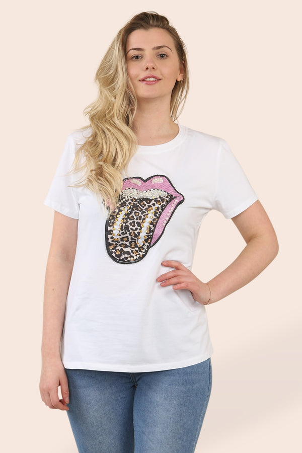 Crystal Pearl Embellished Leopard Lips T-shirt