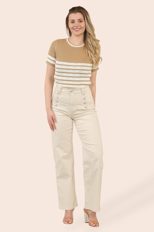 Beige Wide Leg Silver Button Voggo Jeans
