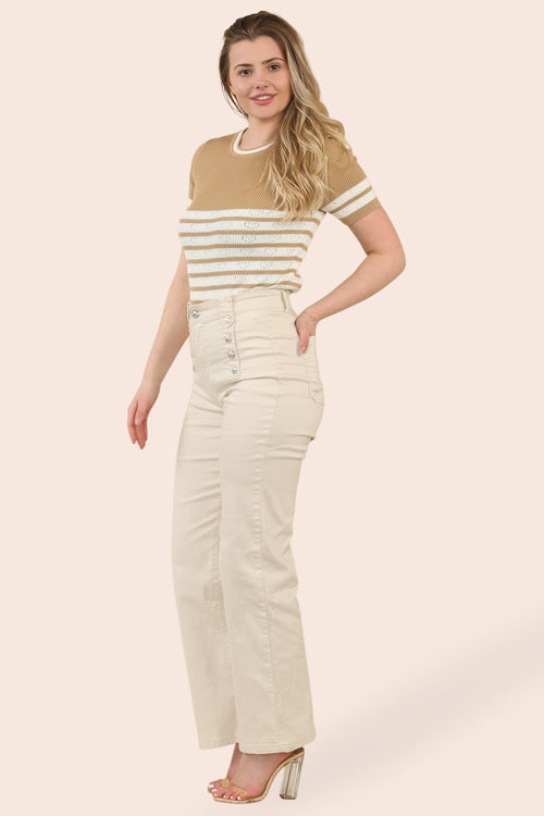 Beige Wide Leg Silver Button Voggo Jeans