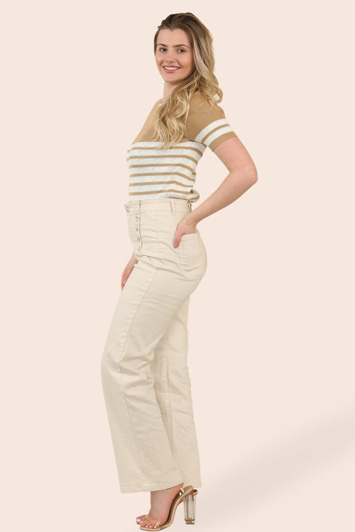 Beige Wide Leg Silver Button Voggo Jeans