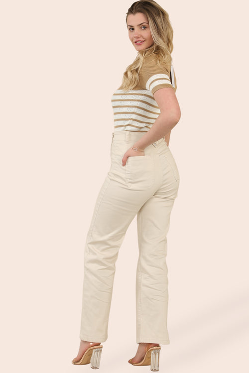 Beige Wide Leg Silver Button Voggo Jeans