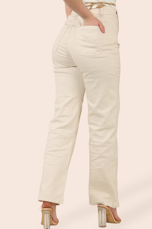 Beige Wide Leg Silver Button Voggo Jeans