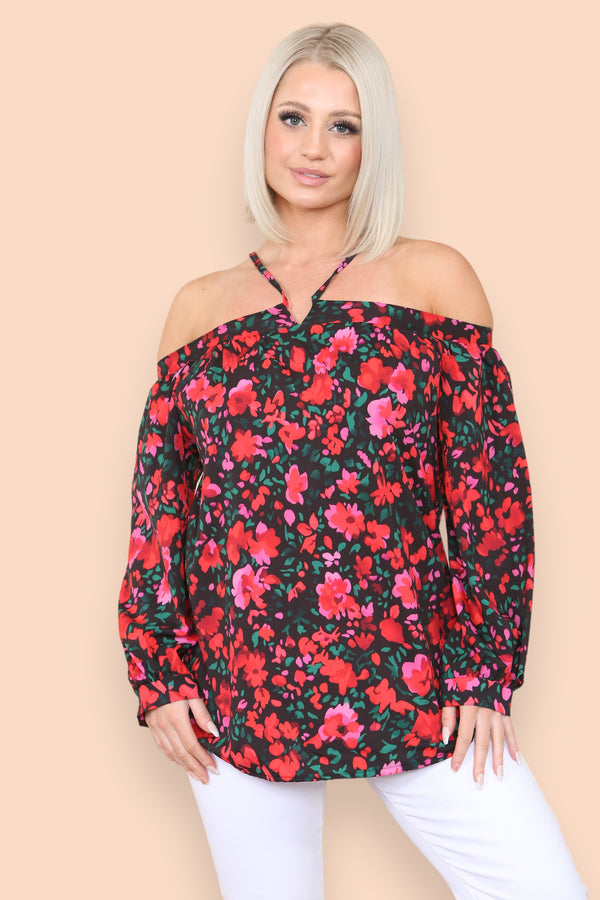 Cherry Blossom Red Halter Neck Blouse Top