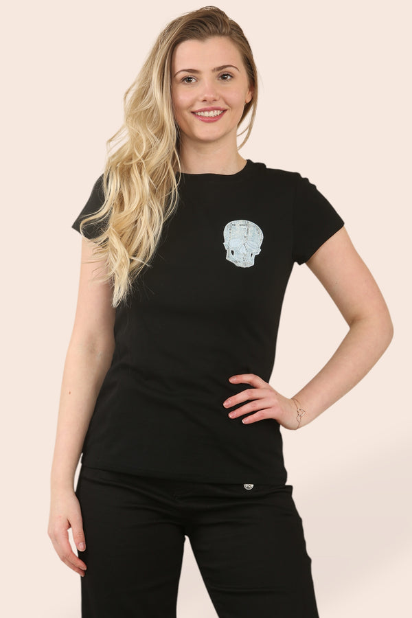 BLUE SEQUIN SKULL COTTON TSHIRT