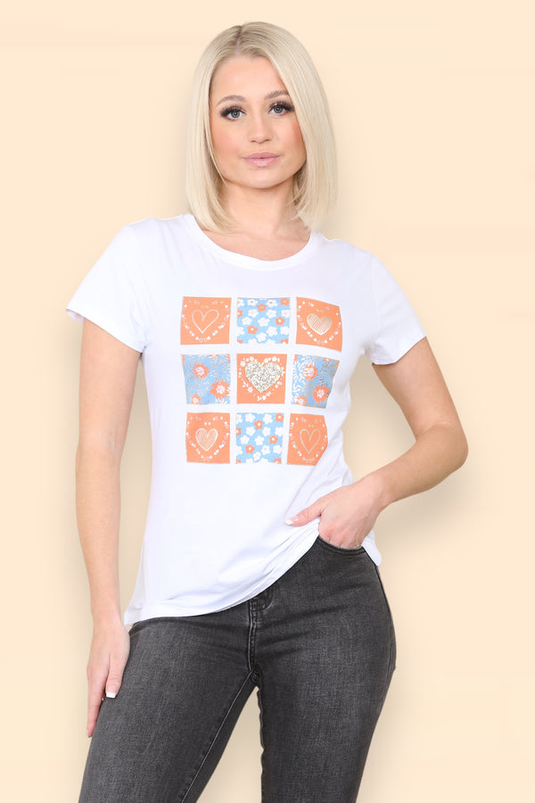 Multi Heart Square Embellished Cotton T-Shirt
