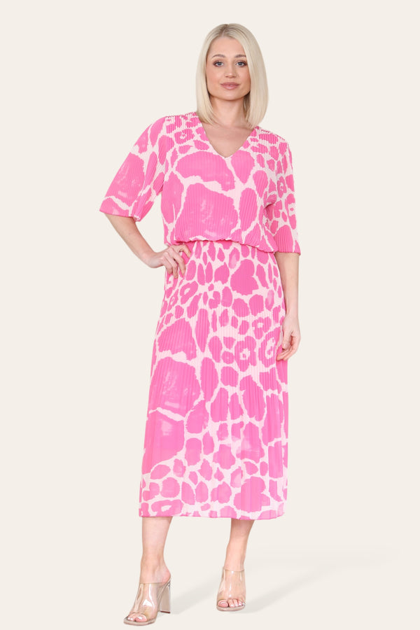 Lara Giraffe Print Plissee Layered Midaxi Dress