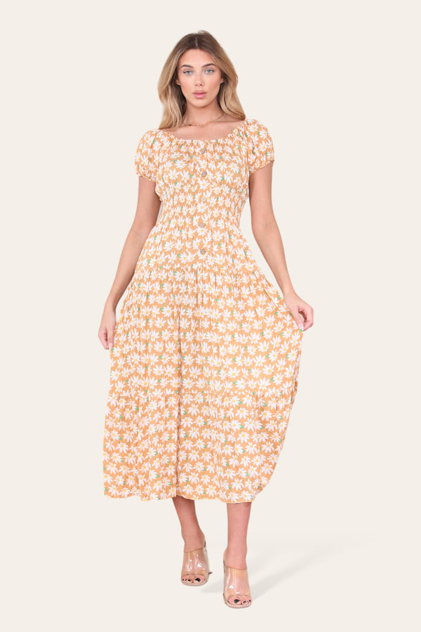 Daisy Print Bardot Maxi Dress