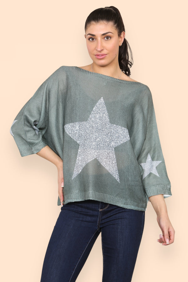 Contrast Star Print Fine Knit Top