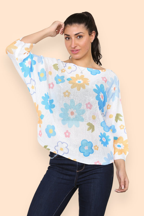 Multi Floral Print Fine Knit Top