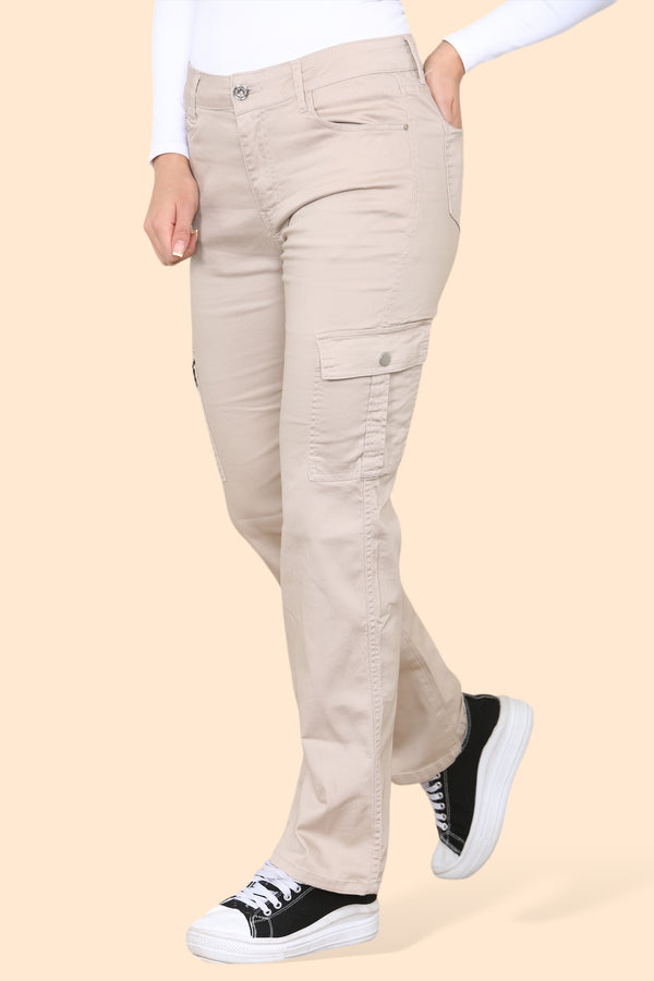 Beige Cargo Pocket Voggo Cotton Stretch Jeans