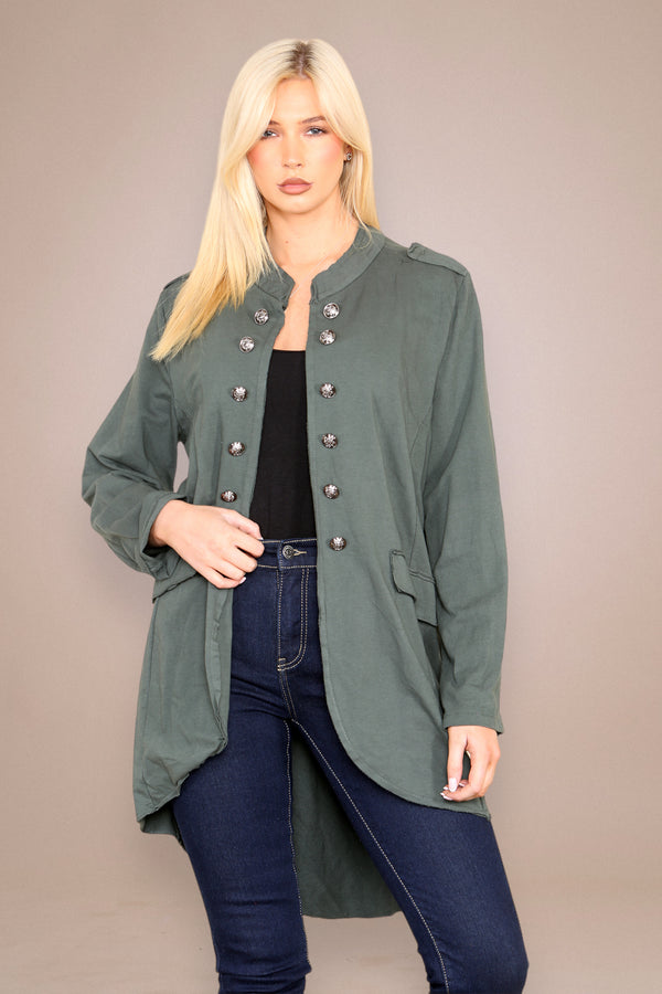 Plain Cotton Military Style Jacket in Khaki Green