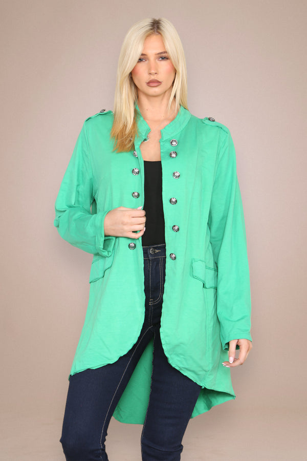 Plain Cotton Military Style Jacket in Jade Green