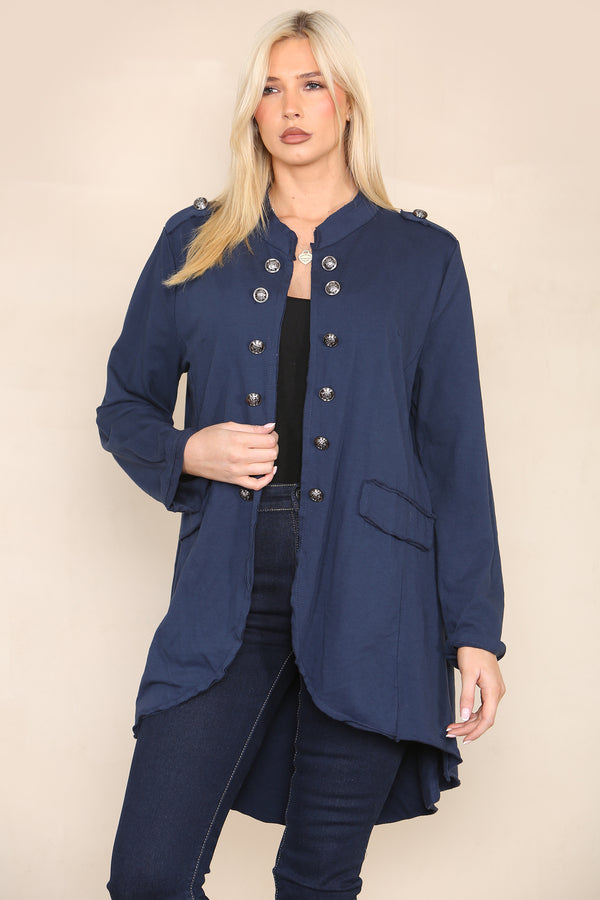 Plain Cotton Military Style Jacket in Navy Blue